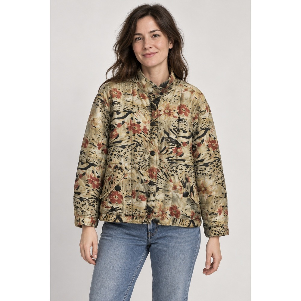 Anna and Frank Quilted Silk Jacket Women M Petites Tan Floral Animal Retro